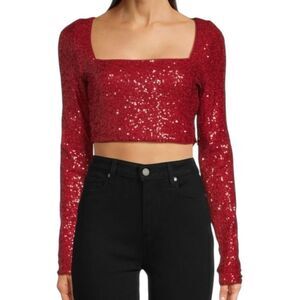NEW Susana Monaco Sequin Long Sleeve Crop Top Berries Small